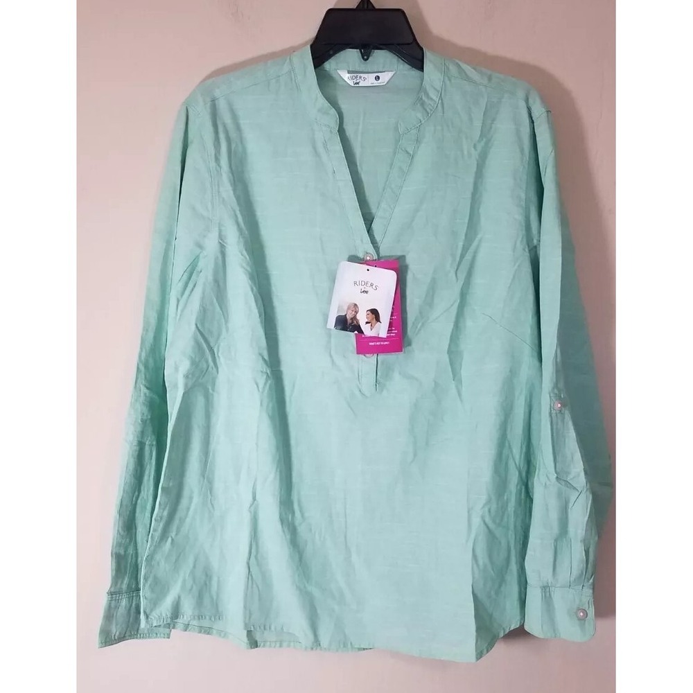 Riders by Lee Shirt Women sz Large Cotton Blouse V Neck Button Up Roll Tab Green
